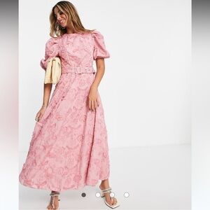 ASOS DESIGN belted midi skater dress in textured jacquard pink